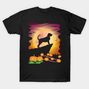 Bloodhound Dog On Mountain & Moon Pumpkins Bat Halloween Day T-Shirt